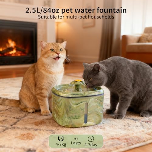 Cat Water Fountain, 2.5L/84oz Automatic Pet Fountain with Rotating Attractor & Camouflage Green Design - Ultra Quiet Water...