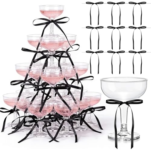 Zopeal 30 Set Disposable Plastic Coupe Glasses With Satin Ribbon Bow 5 oz Acrylic Champagne Tower Cocktail Unbreakable Pla...
