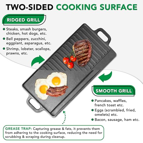ProSource 2-in-1 Reversible 19.5” x 9” Cast Iron Griddle with Handles, Preseasoned & Non-Stick for Gas Stovetop, Oven and ...