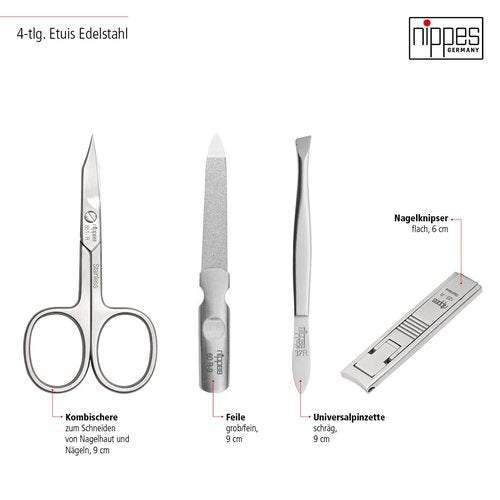nippes Solingen Premium Line Tabard Manicure Set, 4 Pieces, Black, Stainless Steel, Nickel and Rustproof, Cowhide Nail Case, Nail Care Set, Made in Germany