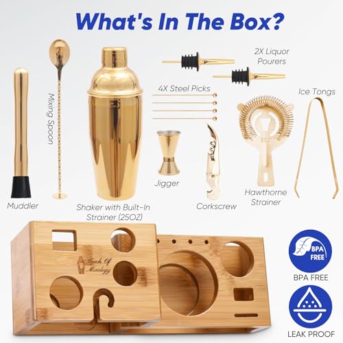14PC Bartender Kit - Gold Cocktail Shaker Set - All Barware Essentials for Drink Mixing Includes Stand, Martini Shaker, Ji...