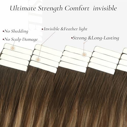 Tape in Hair Extensions Human Hair, 20pcs 50g 20 Inch Tape in Hair Extensions,Balayage Chocolate Brown To Caramel Blonde,Invisible Remy Silky Straight Natural Thick Real Human Hair Extensions
