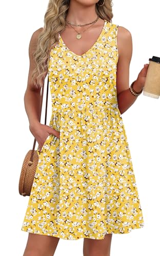 WIHOLL Women's Summer Casual V Neck Sleeveless Tank Dress Pleated A-Line Beach Mini Sundresses Cover Up with Pockets