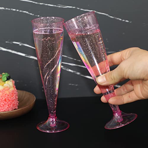 Homy Feel Pink Glitter Plastic Pink Wine Glasses 30 Pack,5 OZ Champagne Flutes Disposable for Party,Plastic Champagne Flut...