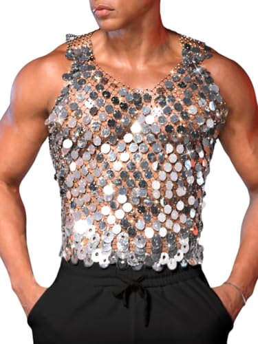 ChiaoLezhee Men's Big Sequin & Rhinestone Mesh Shirt for Rave, Sparkly Reflective Metallic Sexy Tank Top (Fits Chest 30-46")