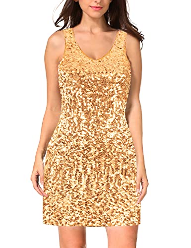 MANER Women's Sequin Dress Sparkly Glitter V-Neck Sleeveless Party Club Cocktail Tank Dress
