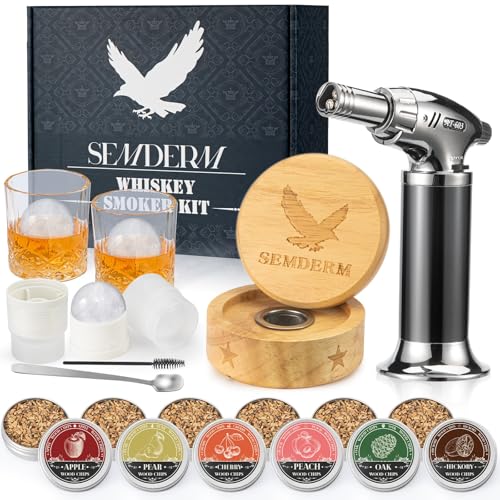 Ultimate Whisky Smoker Kit Old Fashioned Smoker Kit with Torch - 6 Flavor Wood Chips, 2 Glasses, 2 Ice Ball Molds - Cockta...