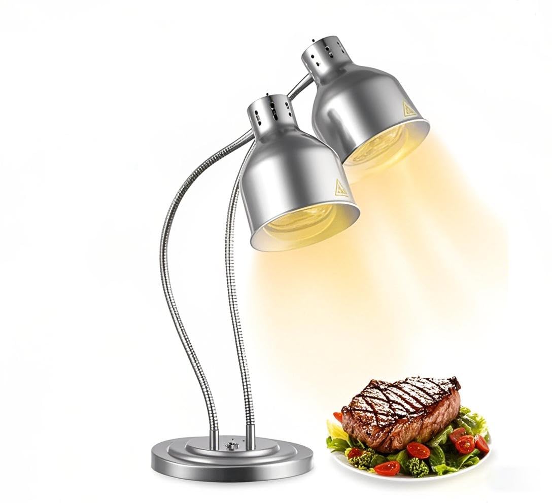 PERFERATE Food Heat Lamp 2-Head Electric Heating Lamp 500W Commercial Food Warmer Lamp for Food Electric Warming Lights for Restaurant, Buffet, Catering, Kitchen & Home Use (Silver)
