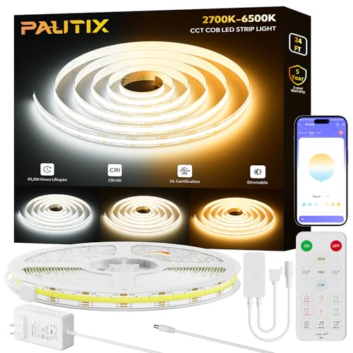 PAUTIX COB LED Strip Lights 2700K-6500K CCT Tunable White 24ft UL-Listed Dotless LED Lights Super Bright Dimmable 24V LED ...