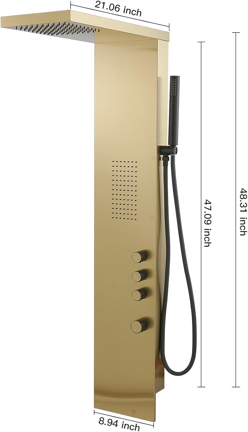 Greenspring Shower Tower Bathroom Shower Panel System with Rainfall Shower Head Hand Shower and Large Area Body Spray, Stainless Steel Multi-Function Shower Fixtures, Brushed Gold