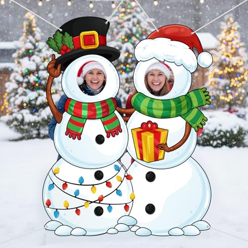 WovWeave Snowman Christmas Photo Booth Fabric Banner with Two Face Cutouts, 55" x 44" Holiday Party Decorations, Winter Ba...