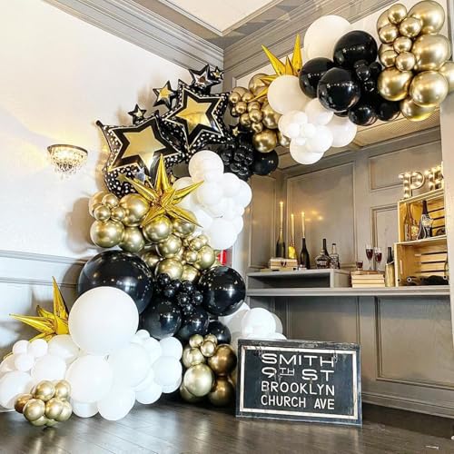 NISOCY Black and Gold Balloons Garland Arch Kit, 120PCS Black White Metallic Gold Balloons Arch Kit with Confetti Balloons...