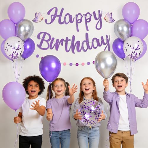 Danadia 32PCS Purple Balloons Set, 12 Inch Purple Silver Metallic Balloons with 9 Inch Purple Confetti Balloons for Girls'...