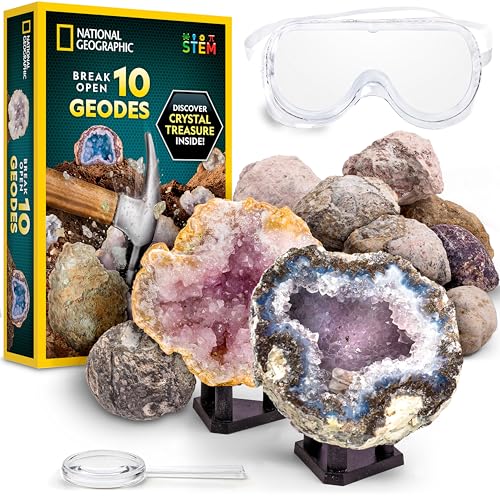 National Geographic Break Open 10 Premium Geodes – Includes Goggles & 2 Display Stands - Great STEM Science Kit, Geology G...