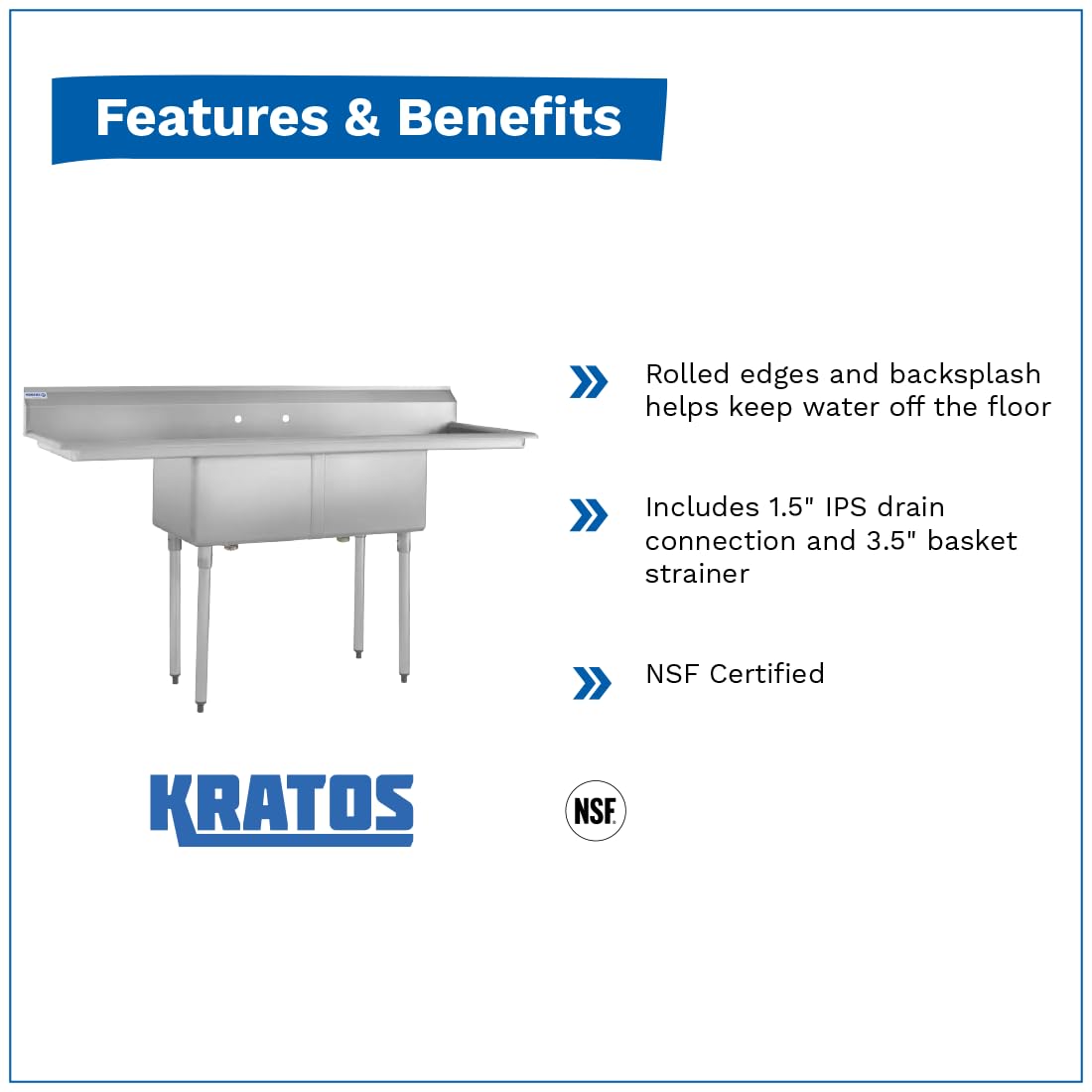 Kratos 29N-006-Commercial NSF 2 Compartment Sink -Commercial NSF 18"Wx18"Lx12"H Bowl Size - (2) 18" Drain Boards