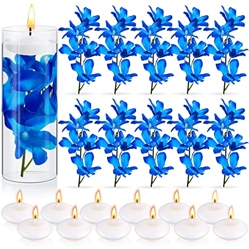 Juexica 28 Pieces Floating Flowers for Centerpieces Blue Orchid Flowers Vase Fillers Unscented Floating Candles for Weddin...