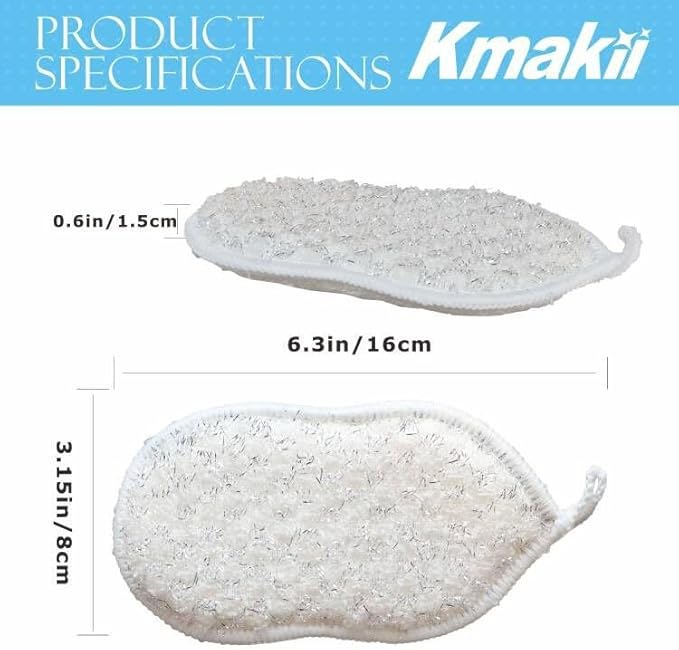 KMAKII Bamboo Fiber Scrub Sponges, Non-Scratch & Durable,6.3 × 3.1 inches, White, 4-Pack