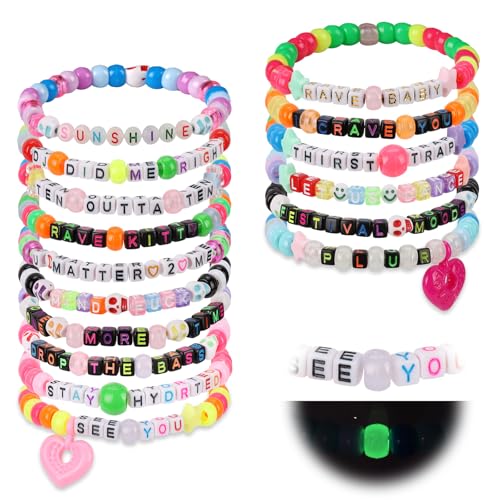 16/24/32Pcs Rave Kandi Bracelets Set Glow In The Dark EDM Music Stretch Bracelets Multi Color Beaded Kandi Cuff Rave Acces...