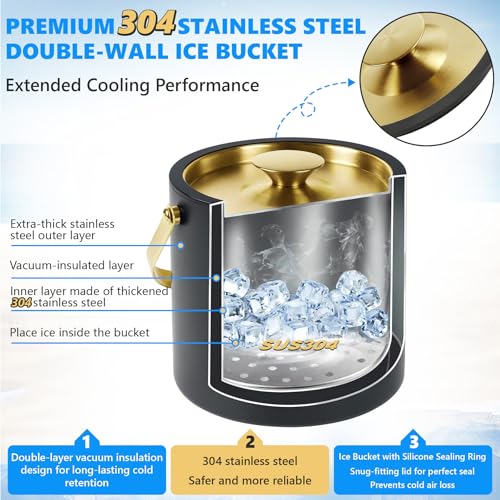 Ice Bucket, Ice Bucket with Silicone Sealing Ring Double-Wall Vacuum Insulation Champagne Buckets with Filter Layer Ice To...