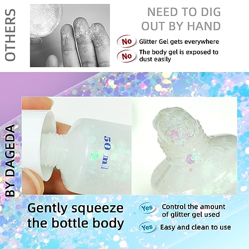 DAGEDA Body Glitter Gel, Face Glitter Body Gel Sequins Shimmer Liquid Eyeshadow, Chunky Glitter for Face Hair Nails, Holog...