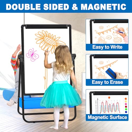 Dry Erase White Board with Stand Double Sided 28"X20" Magnetic U Standing Easel Whiteboard, Height Adjustable & 360° Rotat...