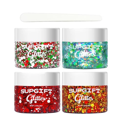 Christmas Body Glitter Gel SUPGIFT 4 Colors 8.5oz Holographic Chunky Mermaid Iridescent Laser Liquid Star Flower Leaf Sequ...