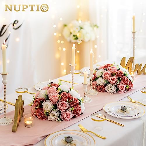 NUPTIO Large Flower Balls for Centerpieces - 2 Pcs 13.8in Diameter Dusty Rose & White Artificial Flower Ball Arrangement B...