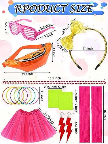 Shinymoon 54 Pcs 80s Accessories for Women Neon Tutu Skirts Light Shutter Glasses Holographic Fanny Pack Lace Headband Ear...