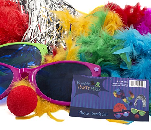 Funny Party Hats 6 Piece Set - Clown Wig Sunglasses & Nose - Clown Accessories Kit - Photo Booth Props