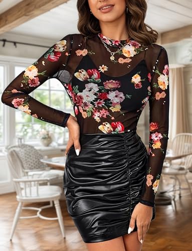 BemorRun Floral Mesh Long Sleeve Tops for Women Mock Neck See Through Fitted Sexy Going Out Top