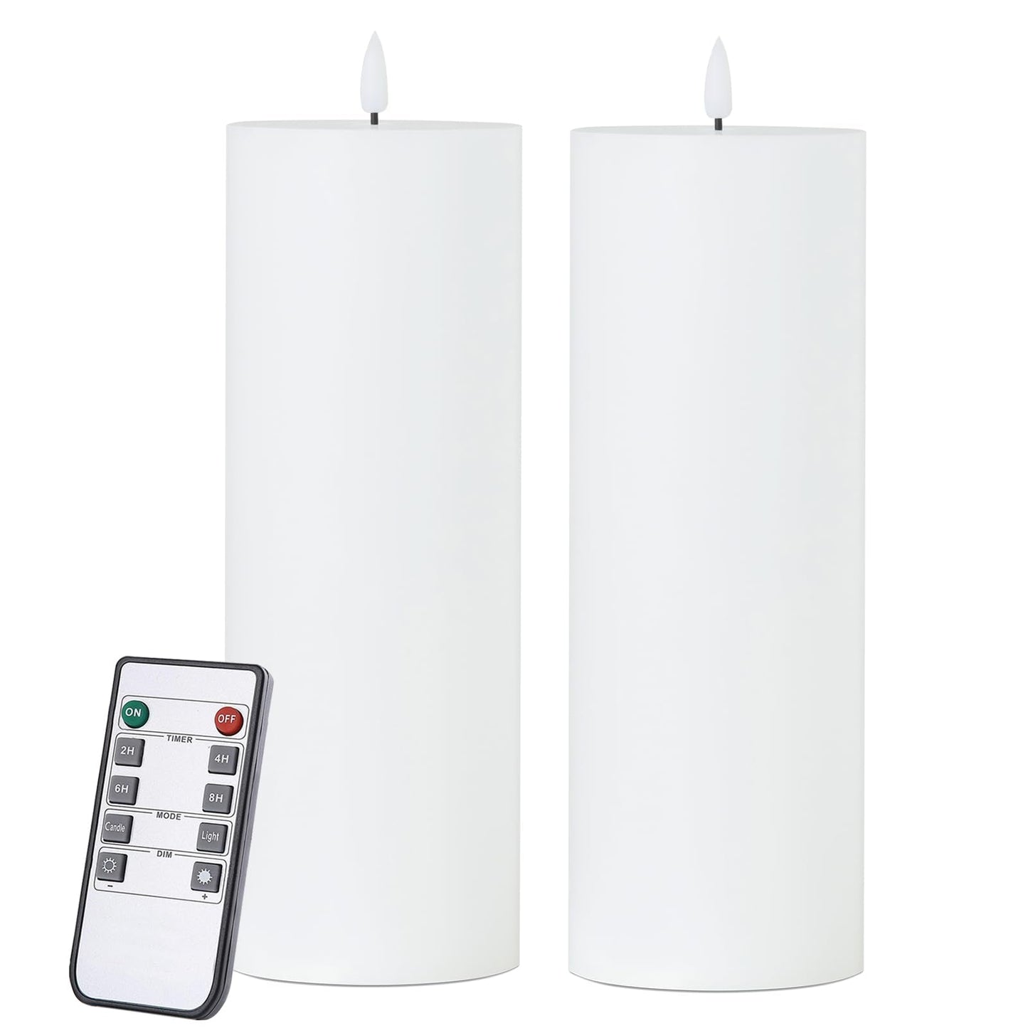 volnyus White Flameless Candles Set of 2 (3x9 inch) Flickering LED Wax Candles Battery Operated with Remote Control Timers for Fall Decor/Night Light/Fireplace/Party Dimmable Pillars Flat top