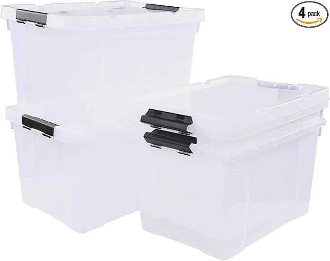 4-Pack 34 Quart Clear Latching Box Totes, Plastic Storage Bin