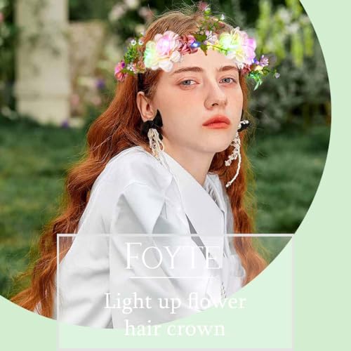 Foyte Flower Headbands Light up Floral Hair Wreath LED Flower Headband Crown Boho Glowing Headpiece for Women