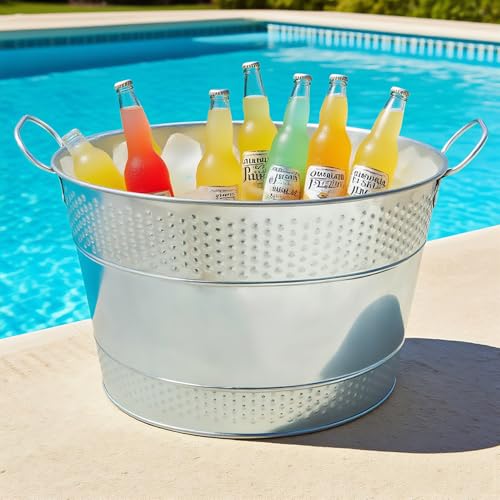 Biugaaufai 15.3 x 9 x 7.48 inches Silver Metal Galvanized Tub with Handles, 4 Gallon Galvanized Beverage Tubs for Parties,...