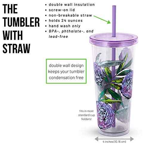 Travel Tumbler with Lid and Straw, 24 Ounce Insulated Cup, Purple Floral Plastic Double Wall Tumbler, Lavender Meadow