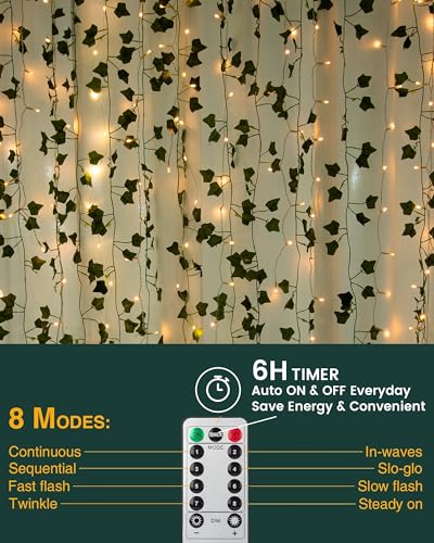 JACKYLED 84Ft 12 Pack Artificial Ivy Garland Fake Plants, Ivy Vines Leaves with CE Certified 80 LED String Lights, Hanging...