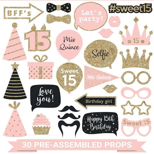 Fully Assembled 15 Birthday Quinceanera Photo Booth Props - Set of 30 - Pink & Gold Quince Selfie Signs - Cute 15th Party ...