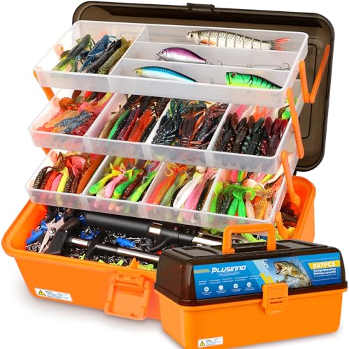 PLUSINNO Large 4-Layer Tackle Box with Tackle Included, 547Pcs Fishing Lures Kit - Pliers, Crankbait, Hooks, Weights & Acc...