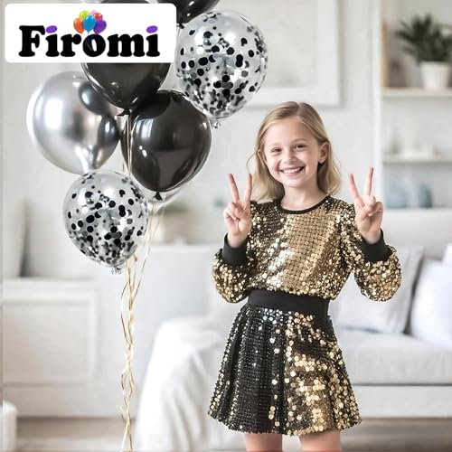 Firomi Metallic Chrome Silver Black Latex Balloons 12 inch 70 Pack Black and Silver Confetti Balloons Set for Birthday Wed...