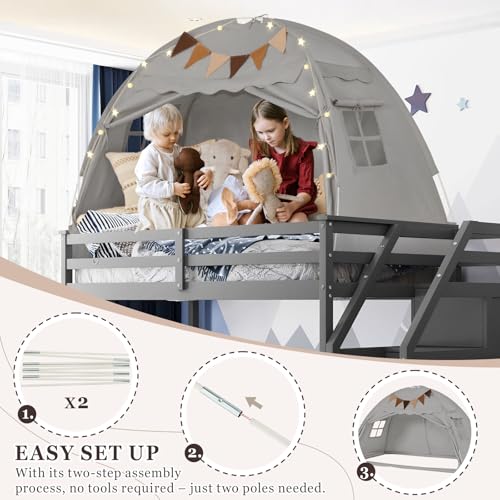 Twin Size Bed Tent Canopy, Kids Play Tent with Flags & Star Lights, Canopy on Bed Privacy Space Sleeping Blackout Tents, G...