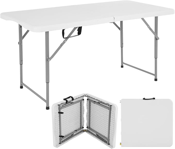 PIKAQTOP Folding Table, 4 FT Heavy Duty Plastic Foldable Table with Carrying Handle, Adjustable Height Portable Party Tabl...