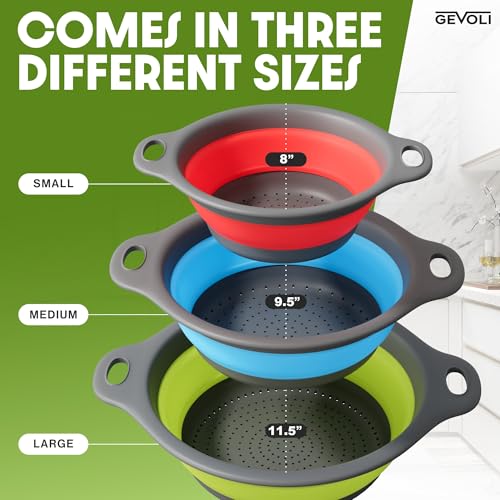 Gevoli Collapsible Colanders with Self-Draining Base for Edge of Sink, Food Strainers (Small/Med/Large), Nested Design for...