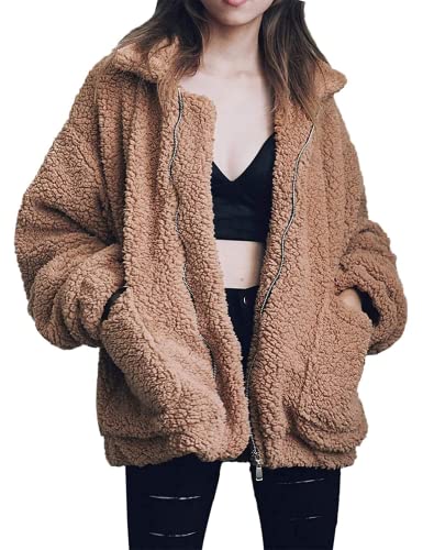 Comeon Women's Coat Casual Lapel Fleece Fuzzy Faux Shearling Zipper Coats Warm Winter Oversized Outwear Jackets