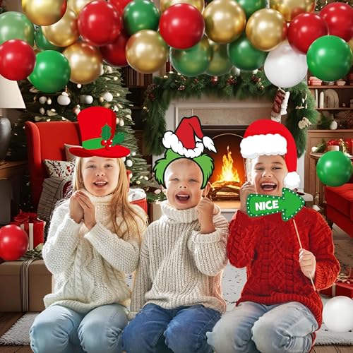 Christmas Party Decoration Set, 35 Balloons, 18 Photo Props, Banner, Photo Booth Frame, Red Green White