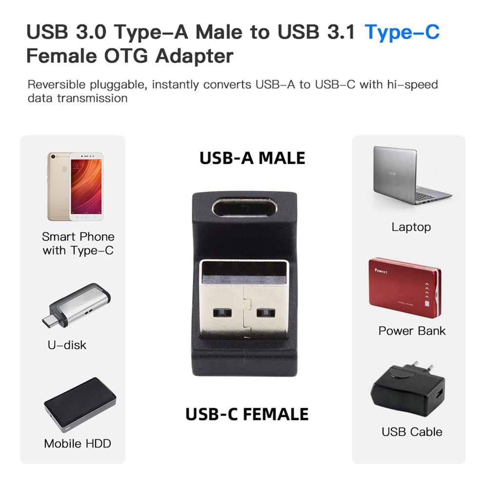 Nfhk Usb-C Type C Female Up Opposite U Shape Back Angled To Usb 3.0 A Male Data Adapter For Laptop Desktop
