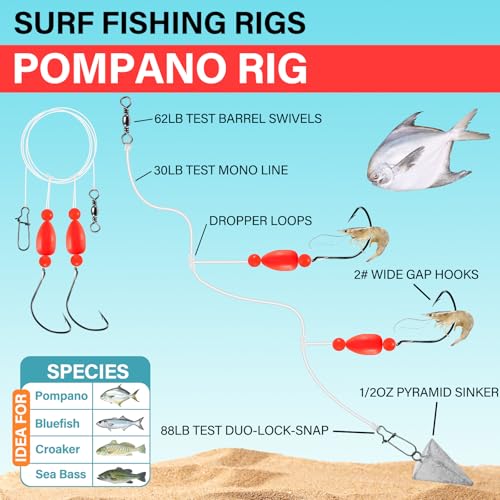Alwonder 5-Pack Pompano Rigs Surf Fishing Rigs with Snell Floats, Saltwater Live Bait Rig Swivels Duo Lock Snaps Circle Wi...