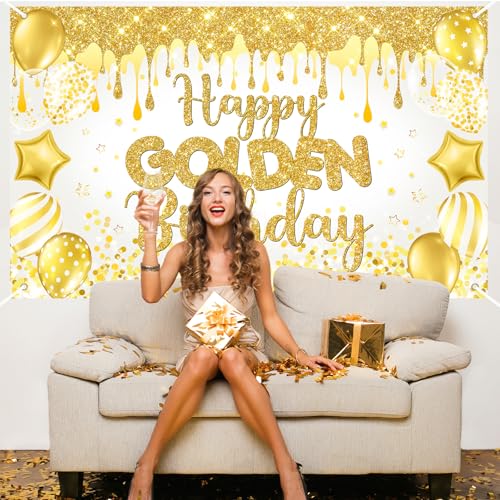 Mocsicka Happy Golden Birthday Backdrop Gold Shiny Glitter Balloons Golden Birthday Banner Party Decorations Photo Booth P...