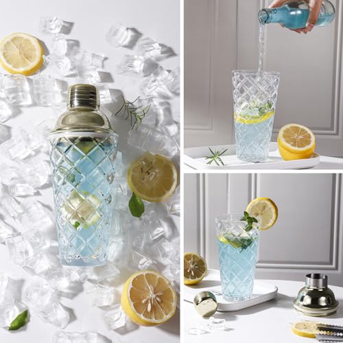 Glass Cocktail Shaker Set with Built-in Strainer – 16oz Thickened Pineapple Glass Gold Shaker Set, Gold Jigger & Bar Spoon...