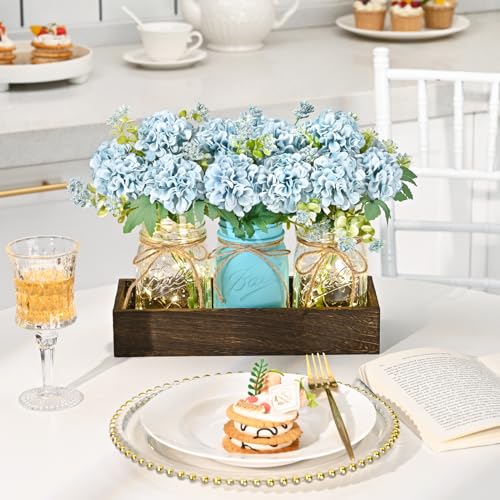 BLEUM CADE Centerpiece Table Decorations - 3Pcs Hydrangea Artificial Flowers in Mason Jars with Wood Tray for Dining Table...