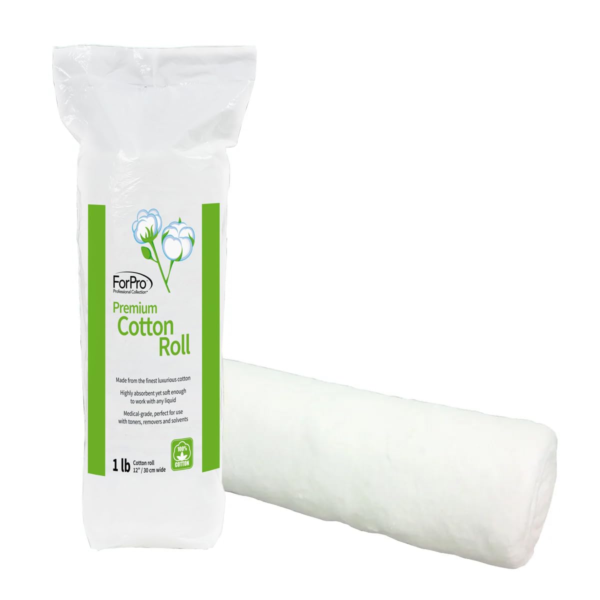 ForPro Professional Collection Premium Cotton Roll for Cosmetic Application and Product Removal, White, 12” Wide, 1 Lb.